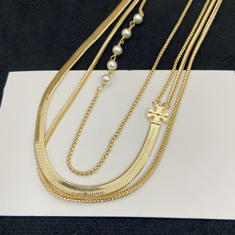 Tory Burch Pearl Three Strand Asymmetric Snake Chain Necklace